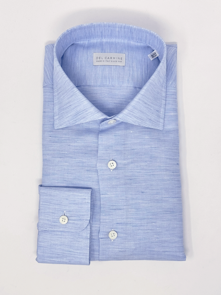 Camicia Azzurra Lino-Cotone operato Collo SemiFrancese